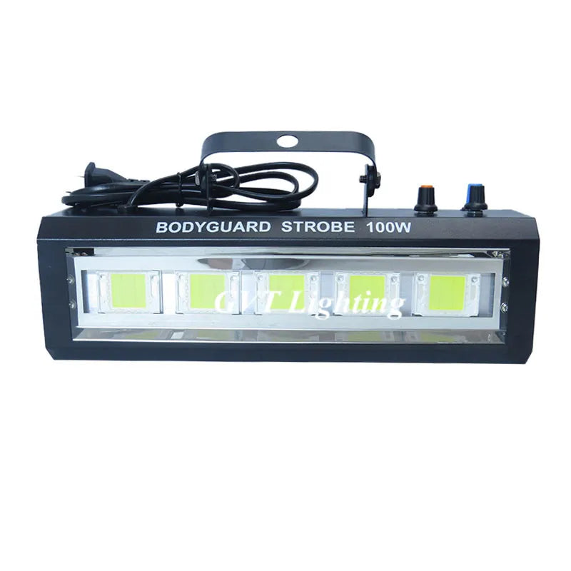 Black rectangular 100w led strobe light with six green led panels and control knobs featuring speed auto control and strobe light sound