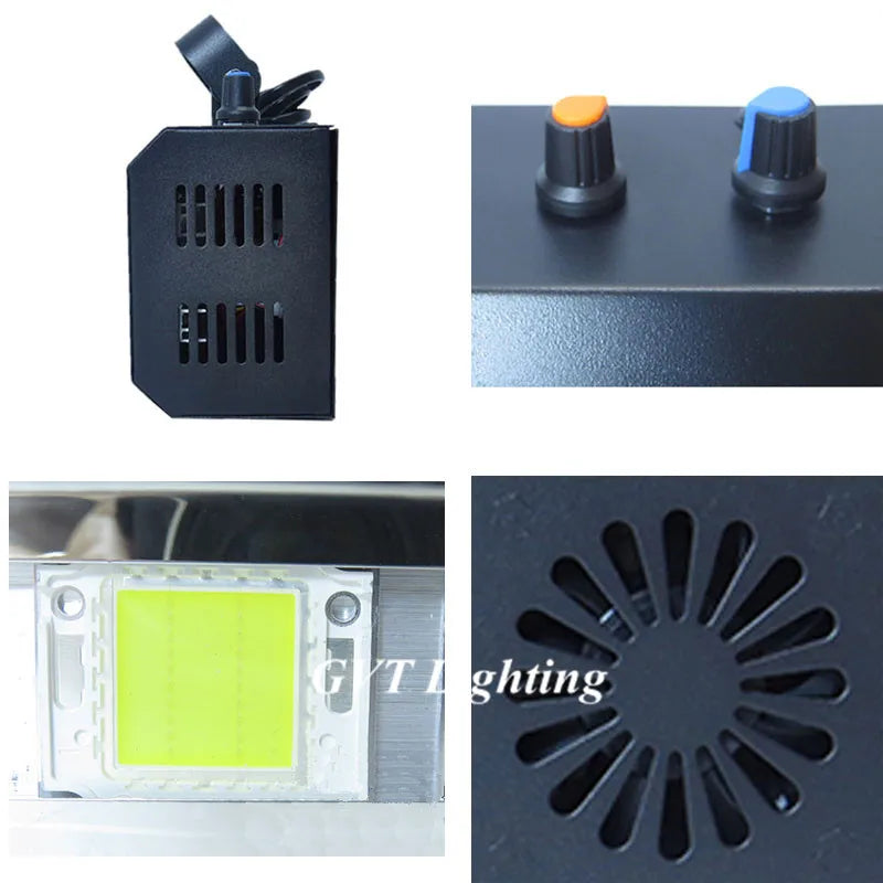 Black rectangular 100w led strobe light with ventilation slots, orange and blue control knobs, cob led chip for speed auto control and sound mode