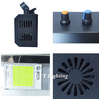 Black rectangular 100w led strobe light with ventilation slots, orange and blue control knobs, cob led chip for speed auto control and sound mode