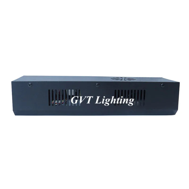 Black rectangular 100w led strobe light with ventilation slits and gvt lighting branding featuring speed auto control functions