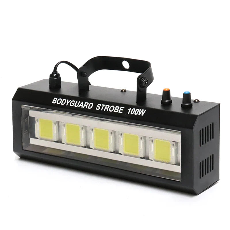 Black rectangular 100w led strobe light with five yellow panels featuring speed auto control for disco and stage use