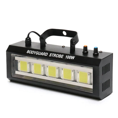Black rectangular 100w led strobe light with five yellow panels featuring speed auto control for disco and stage use
