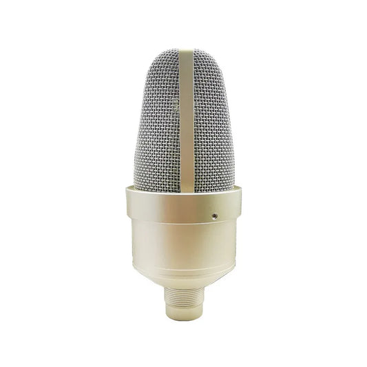 Cream-colored large diaphragm condenser microphone with metallic mesh grille and threaded base for recording and live streaming