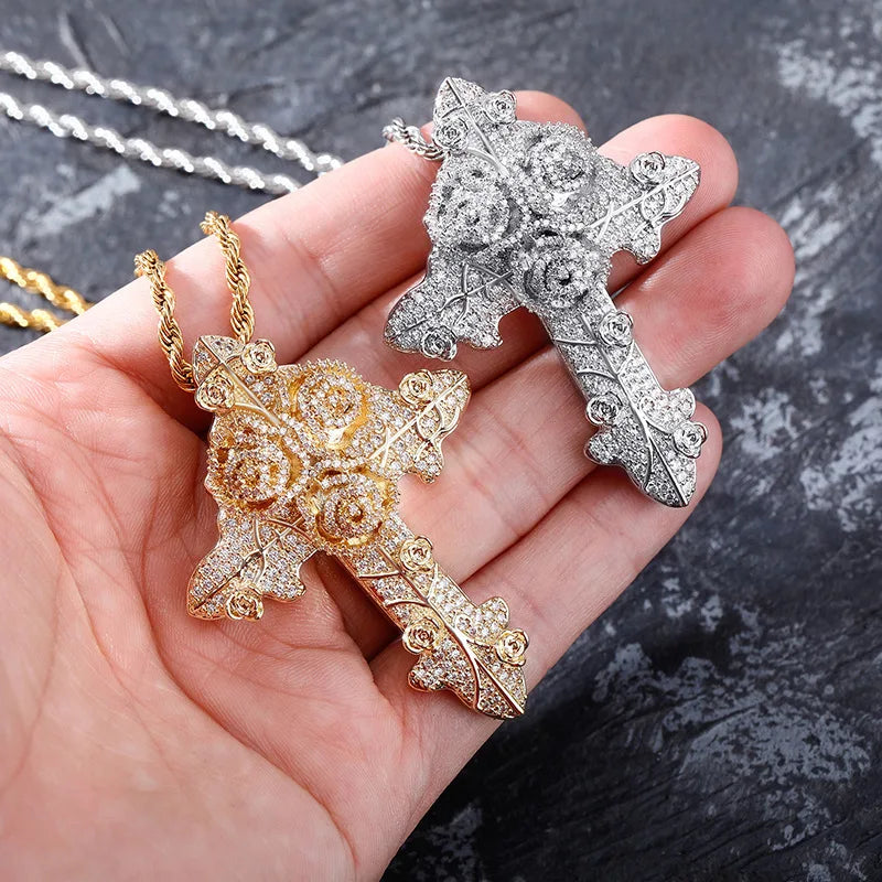 Hip Hop Micro Paved AAA Cubic Zirconia Bling Iced Out Flowers Cross Pendants Necklaces for Men Rapper Jewelry Drop Shipping