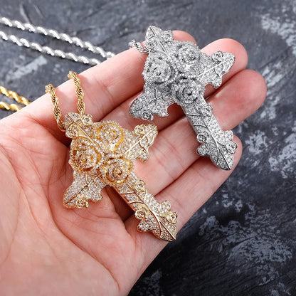 Hip Hop Micro Paved AAA Cubic Zirconia Bling Iced Out Flowers Cross Pendants Necklaces for Men Rapper Jewelry Drop Shipping