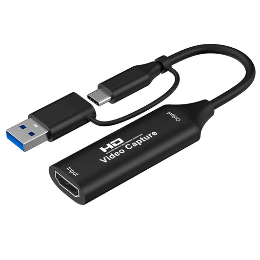 Black usb 3.0 to hdmi 1080p capture card adapter with short cable labeled input and output ports for obs studio potplayer capture video audio