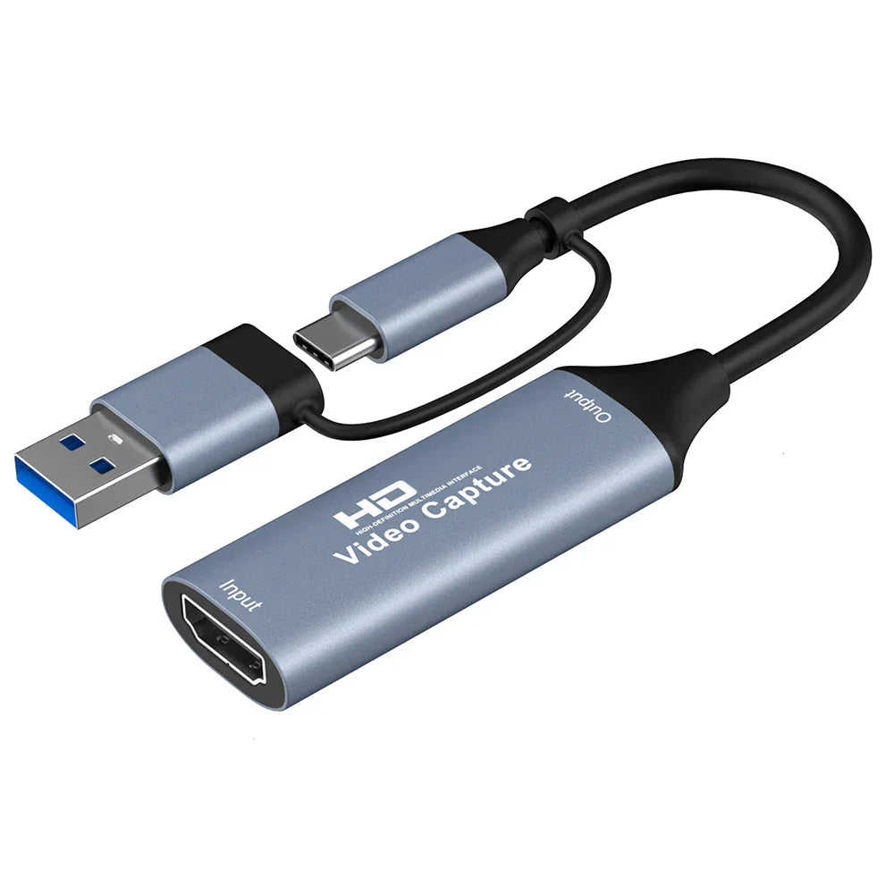 Gray metallic usb-c to hdmi 1080p capture card with black cable and blue usb connector for capture video audio and obs studio potplayer