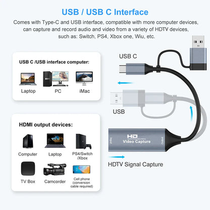 Gray 1080p capture card with usb c usb interface and hdmi output for capture video audio on obs studio potplayer