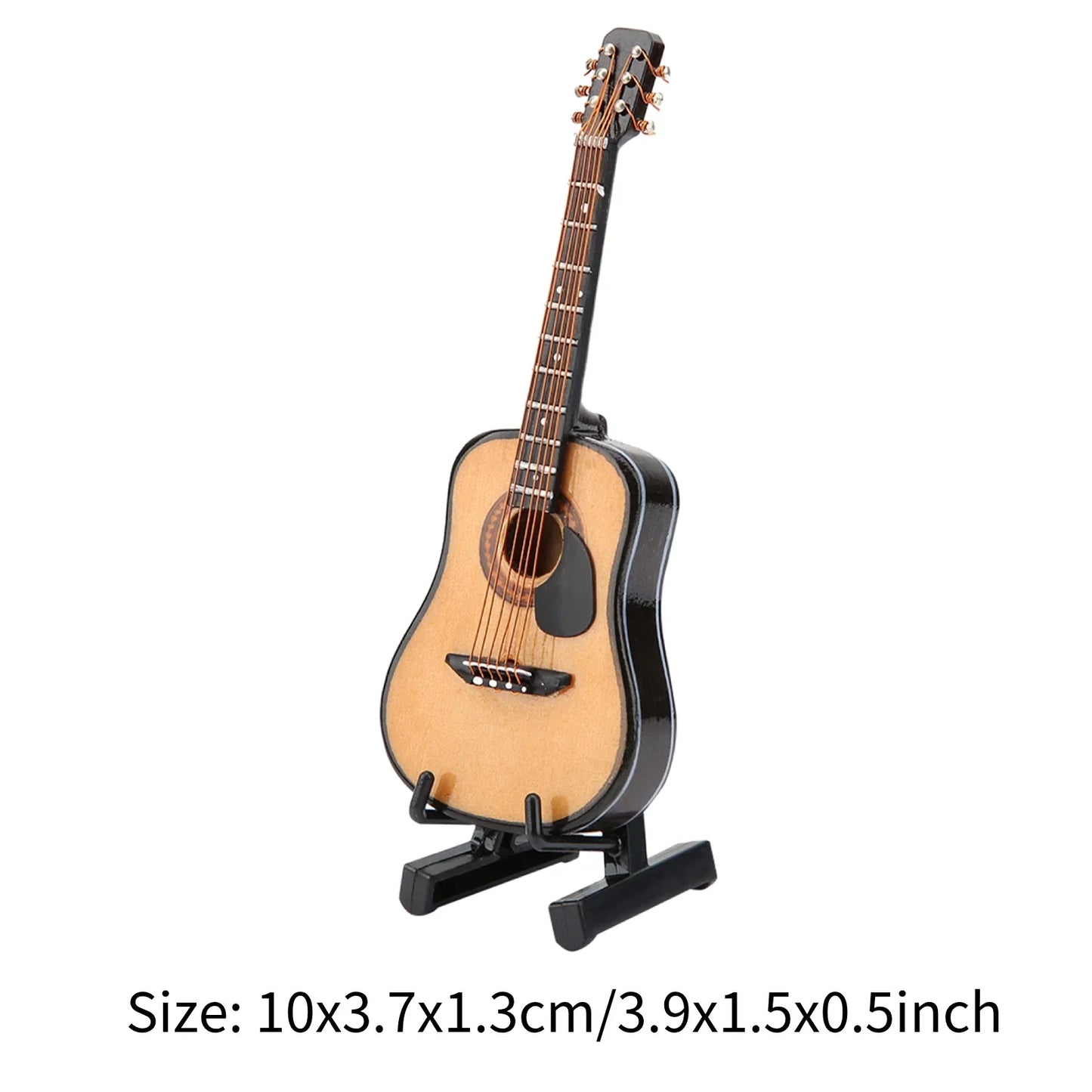 Miniature guitar model with light wood body, black pickguard and neck, rose gold tuning pegs in display wooden musical ornament