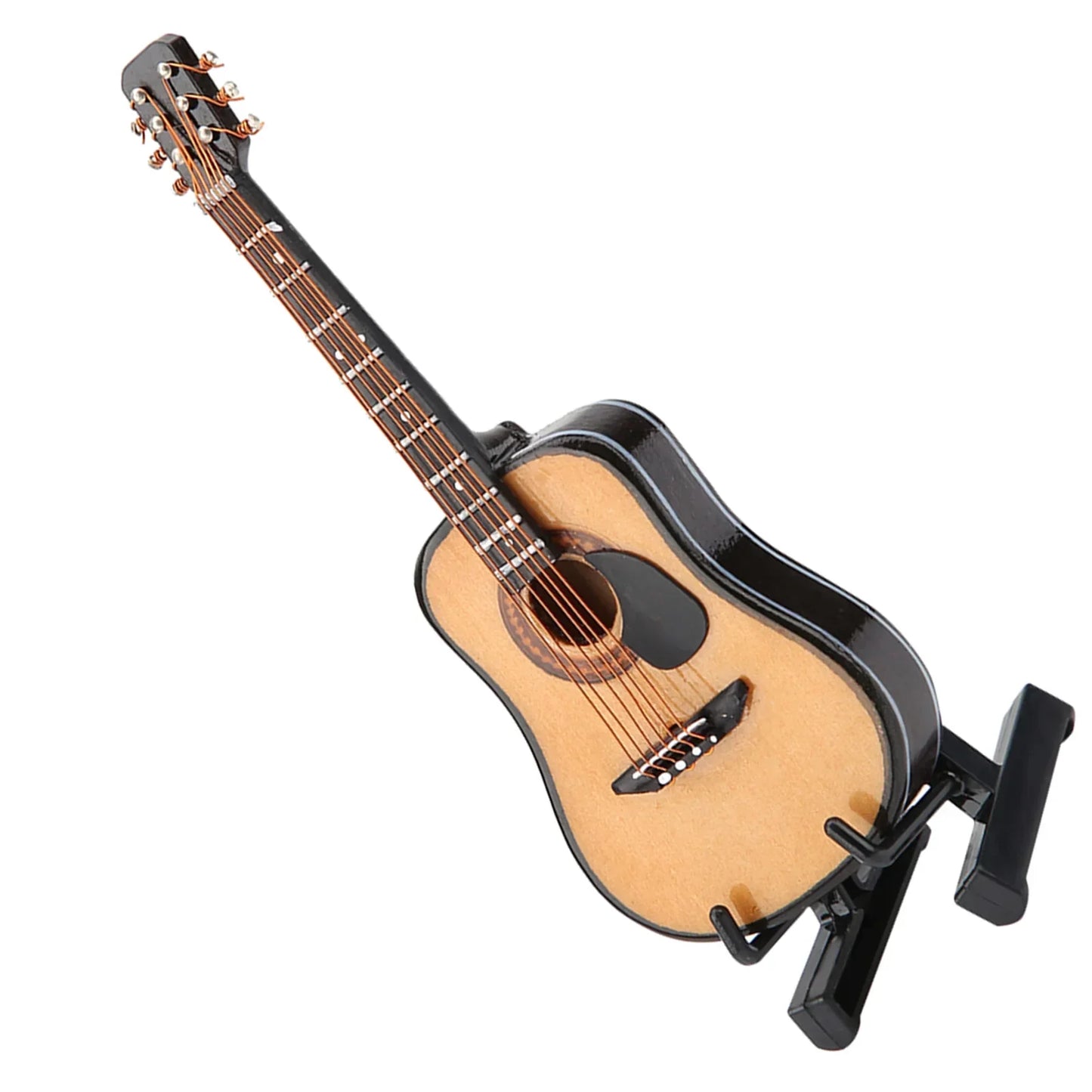Miniature guitar model with light wood body black glossy neck and detailed fretboard inlays for display wooden musical ornaments