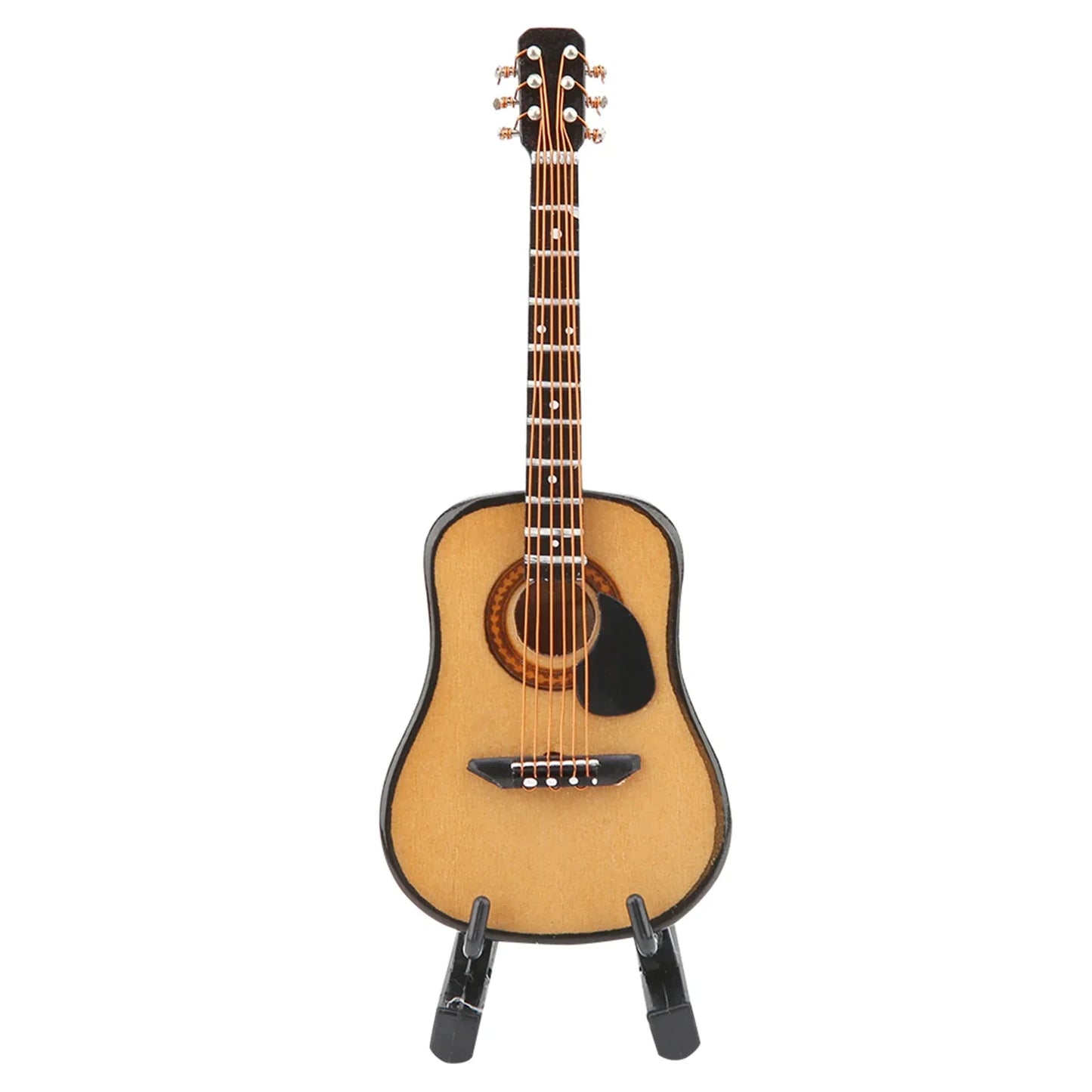 A miniature guitar model with light brown wooden body, black pickguard, and gold tuning pegs for display wooden musical ornaments