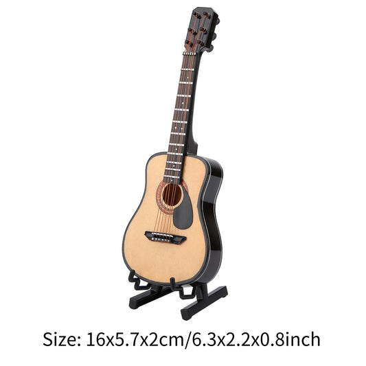 Miniature guitar model with light wood body black binding pickguard and dark brown fretboard for display wooden musical ornaments