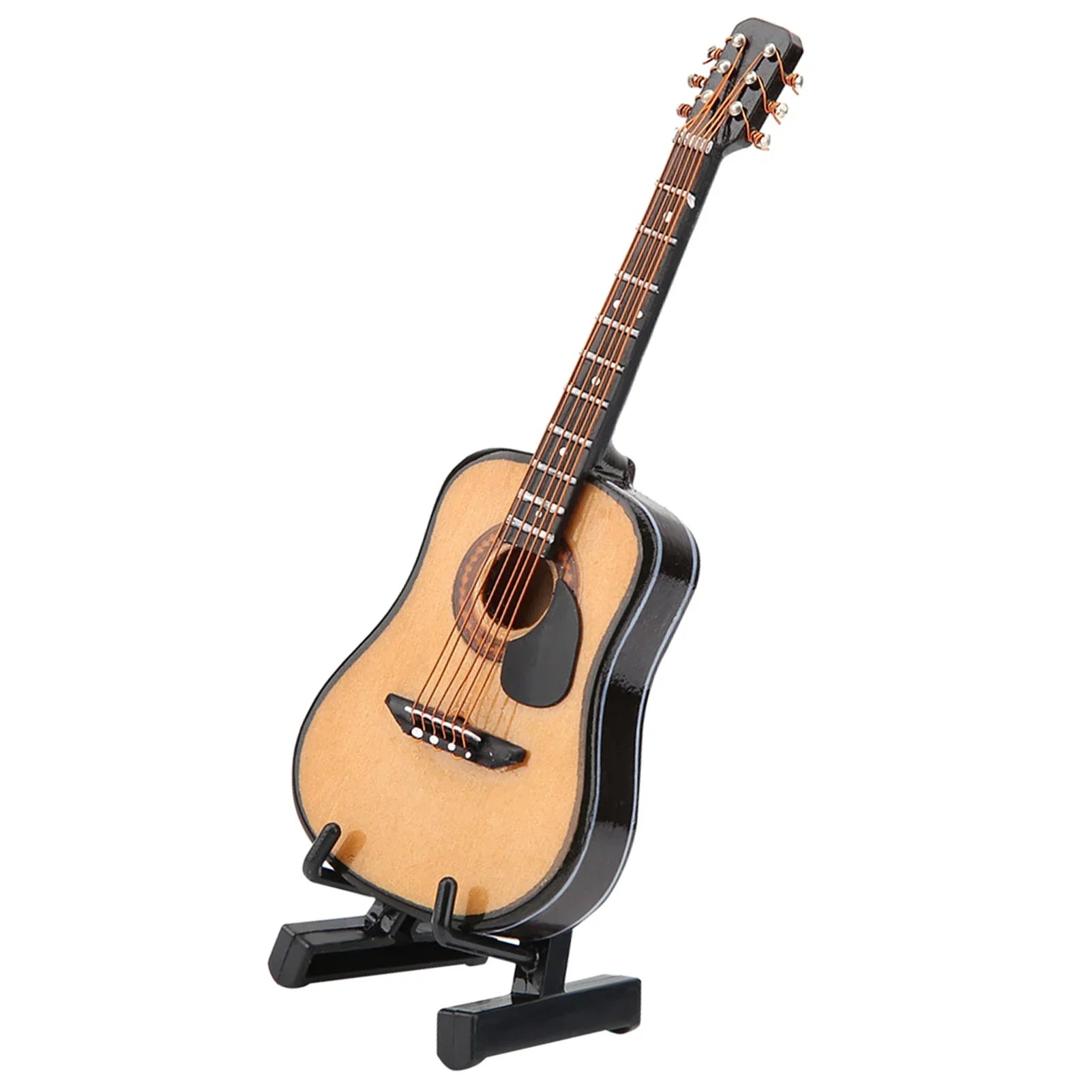 Miniature guitar model with light wood body, black glossy edges, rose gold tuning pegs, display wooden musical instrument ornaments