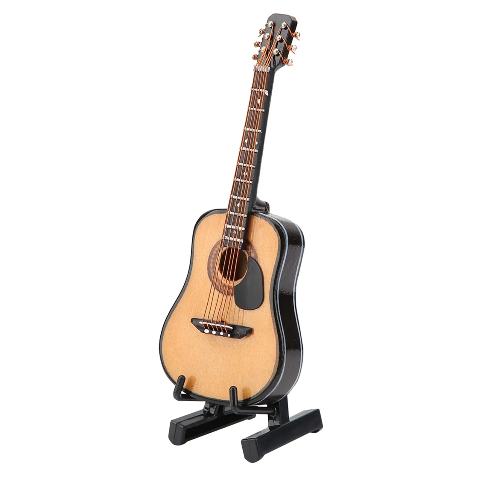 Miniature guitar model with light wood body, black glossy edges, gold tuning pegs, perfect musical instrument ornaments display