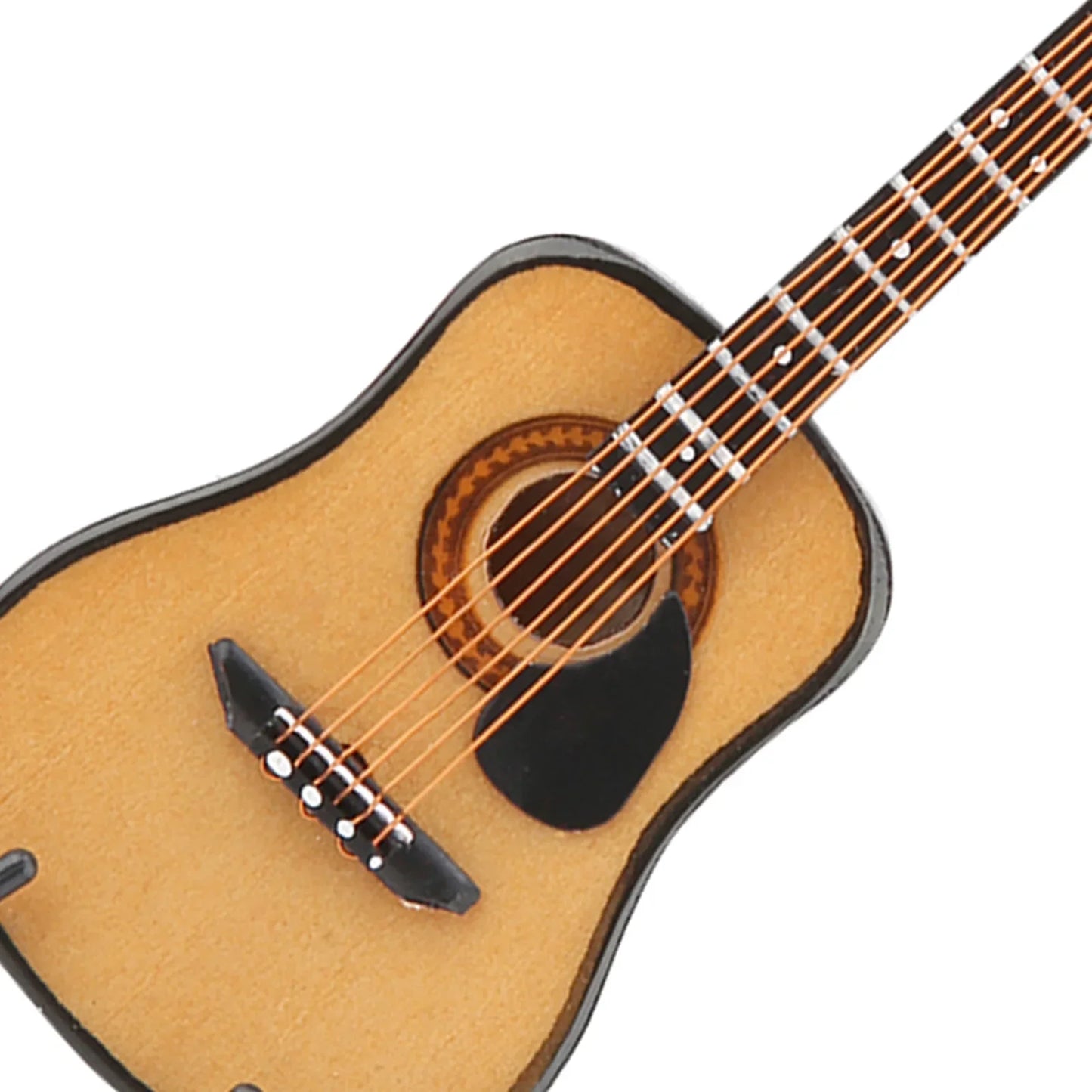 Miniature guitar model with light brown wooden body black binding pickguard silver fret markers for display wooden musical ornaments