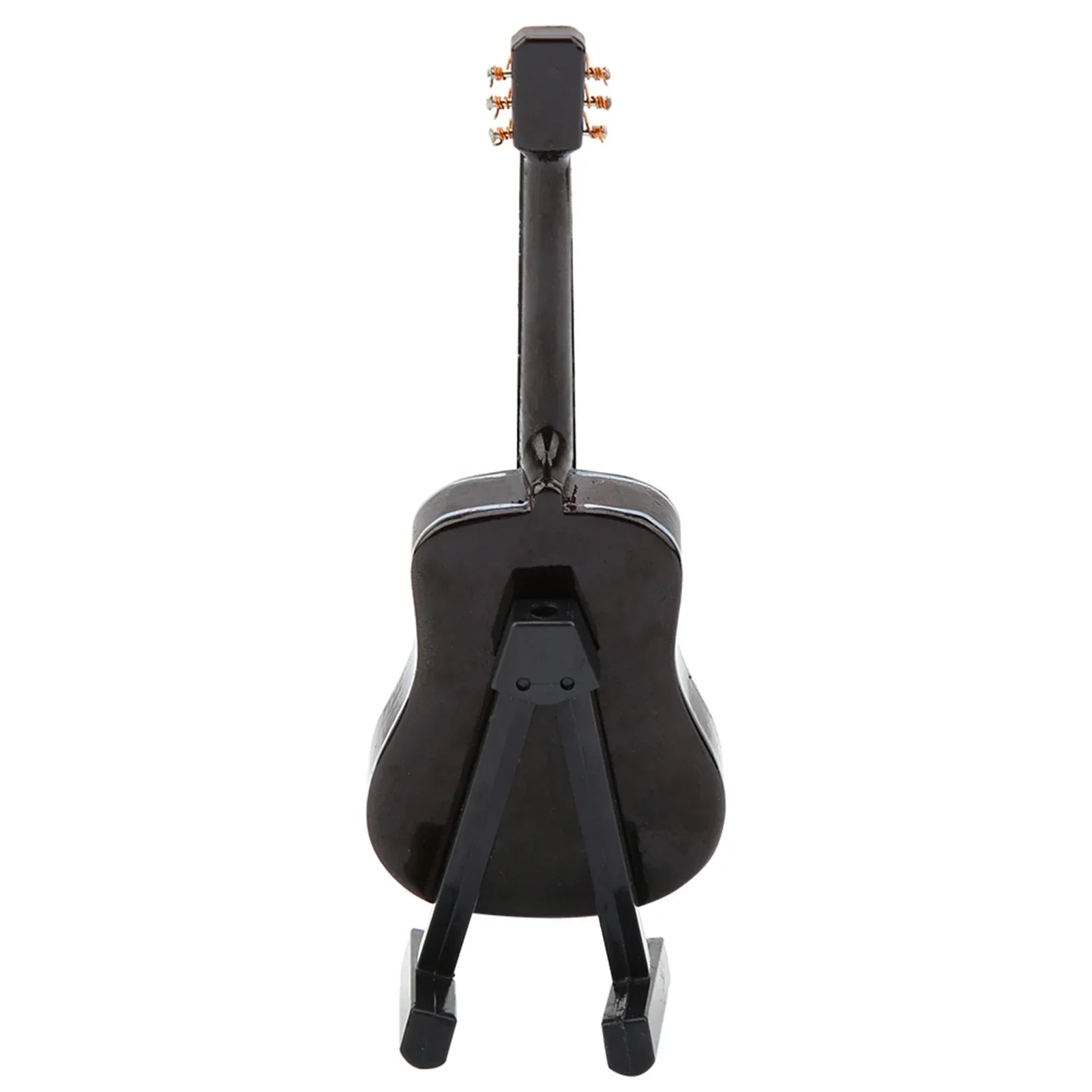 Black miniature guitar model with glossy finish and copper tuning pegs on matching wooden stand for musical instrument ornaments