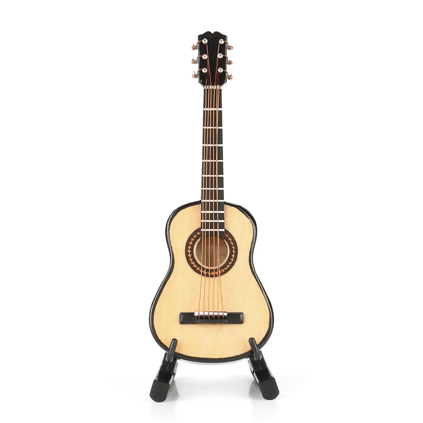 Miniature wooden guitar model with light wood finish and black accents displayed as musical instrument ornaments