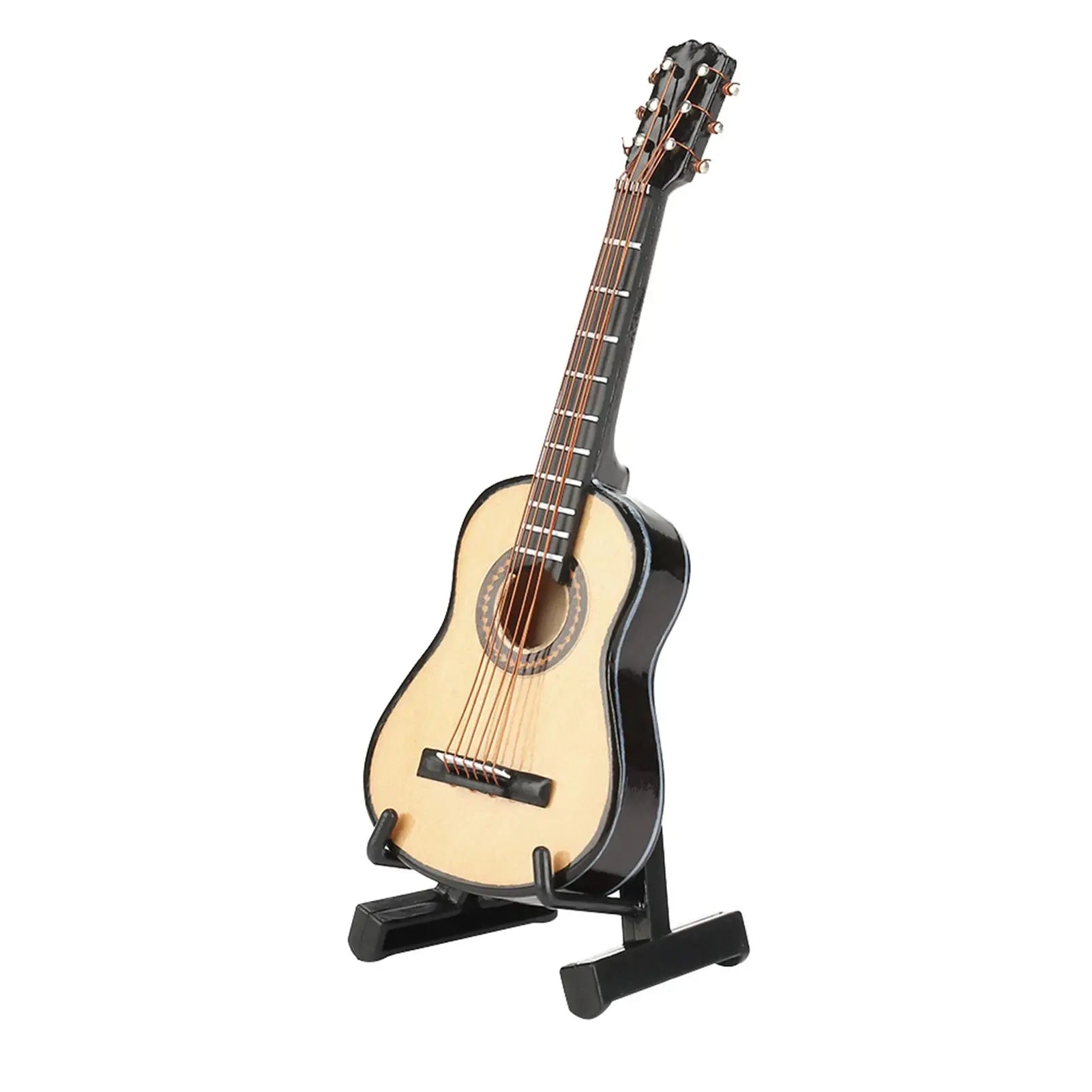 Miniature wooden guitar model with light wood body and black glossy finish on matching stand for desktop decoration