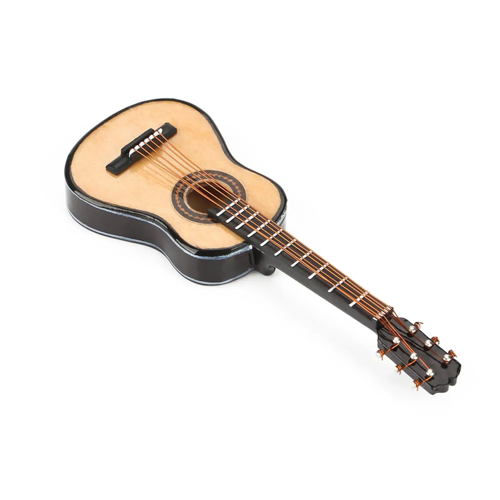 Miniature wooden guitar model with light wood body, black fretboard, and metallic strings on display stand musical instrument ornaments