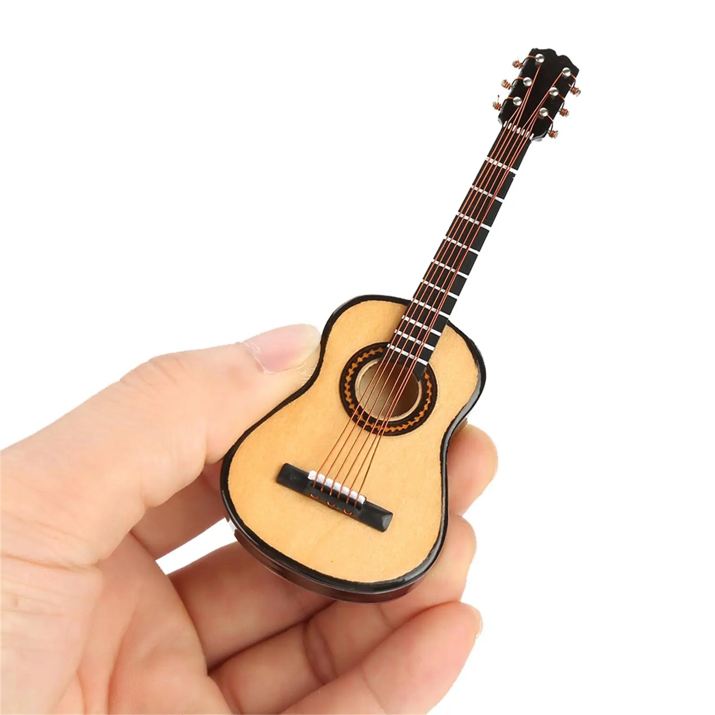 Miniature acoustic wooden guitar model with light wood finish and black accents for musical instrument ornaments display