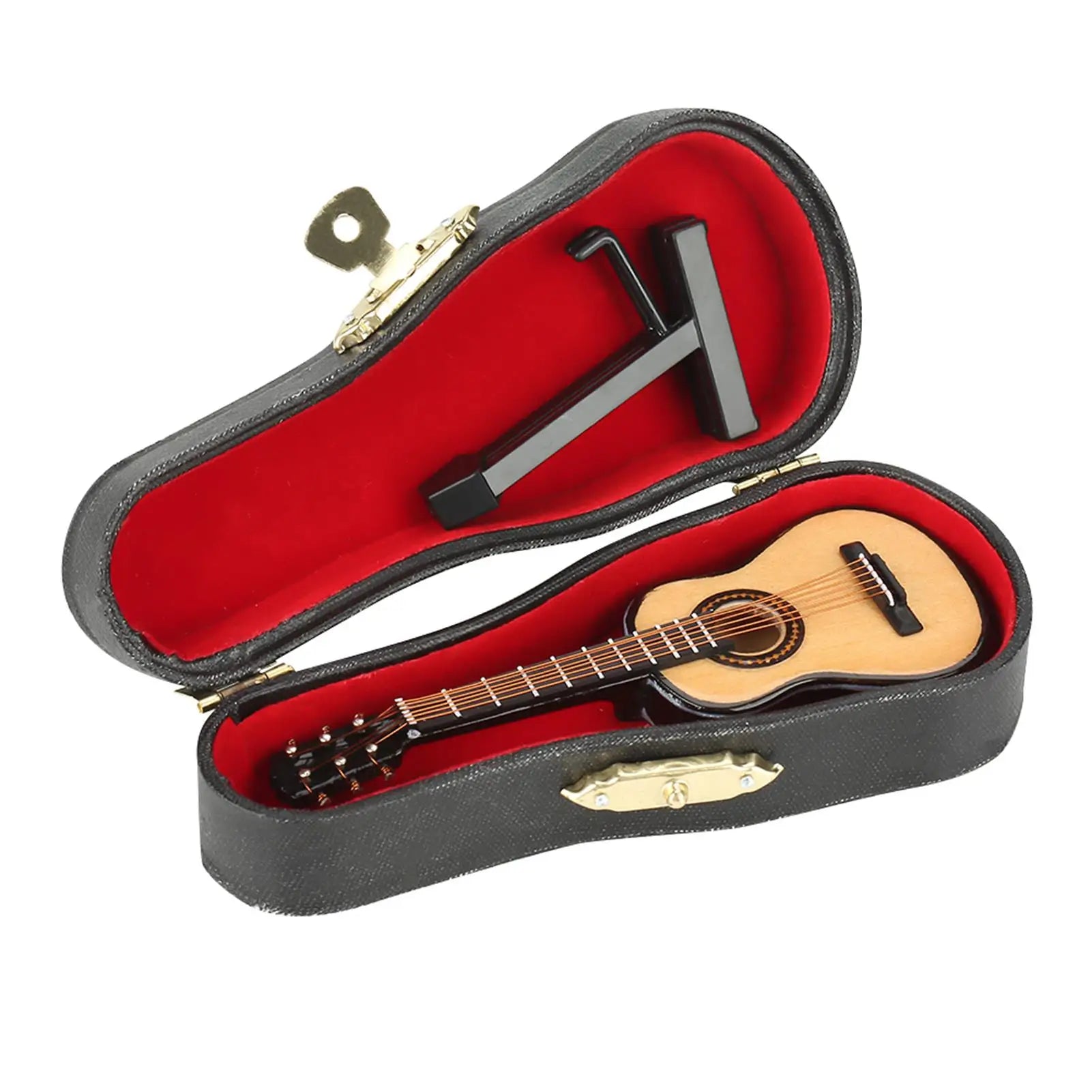 Miniature wooden guitar model nestled in a black case with red lining and matching miniature t-shaped tuner for display