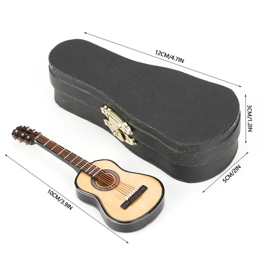 Miniature wooden guitar model with light wood body and black trim in a matching case for musical instrument ornaments