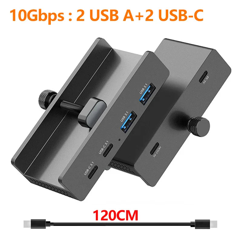 Black metal 10gbps usb3.2 hub with 2 usb-a 2 usb-c ports aluminum alloy adjustable stand supports 10-30mm devices power supply