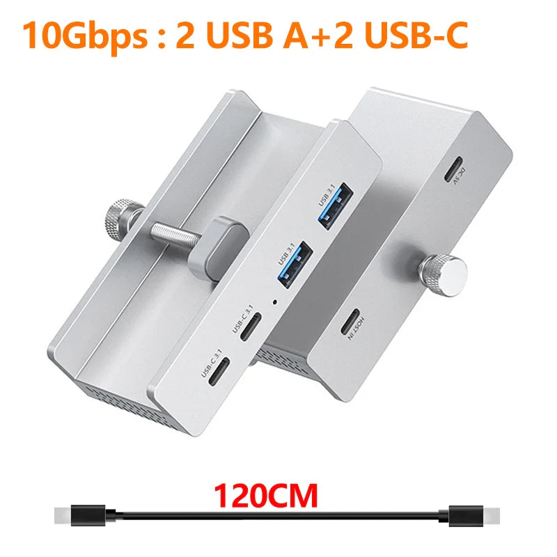 Silver aluminum alloy usb hub with 2 usb-a and 2 usb-c ports 10gbps power supply for macbook and pc