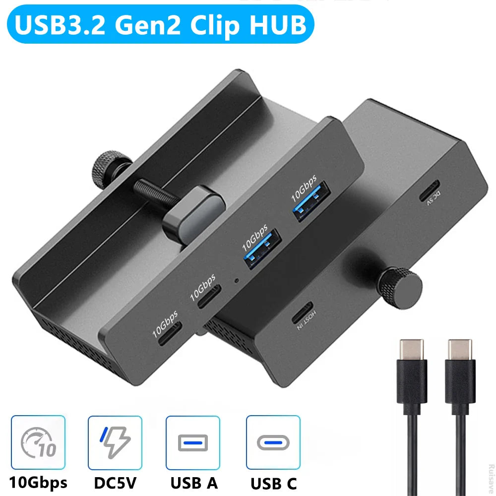 Black aluminum alloy 10gbps usb3.2 gen2 clip hub with two usb-a and one usb-c ports for 10-30mm devices with power supply