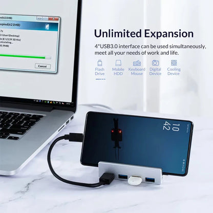 Silver aluminum alloy usb 3.0 hub with multiple ports and cable connected to smartphone power supply compatible 10-30mm