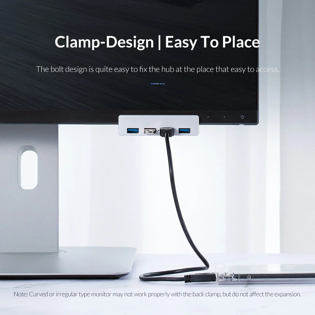 White aluminum alloy clamp-style 10gbps usb hub with multiple ports for 10-30mm monitor attachment and power supply