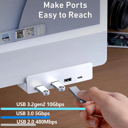 White aluminum alloy 10gbps usb3.2 hub with three ports clips under monitors 10-30mm for easy access power supply