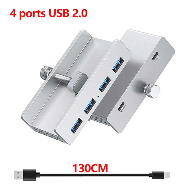 Silver aluminum alloy usb 2.0 hub with four ports and adjustable 10-30mm clamps for desktop with power supply