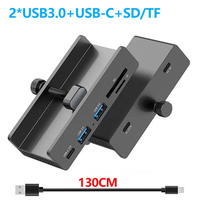 Black aluminum alloy 10gbps usb3.2 hub with usb 3.0, usb-c, dual sd/tf slots and adjustable 10-30mm mounting knobs for power supply