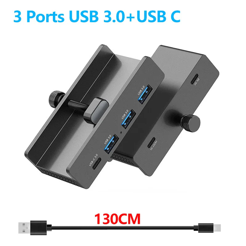 Black aluminum alloy 10gbps usb3.2 hub with three ports and 130cm power supply cable for desktop pcs and macbooks