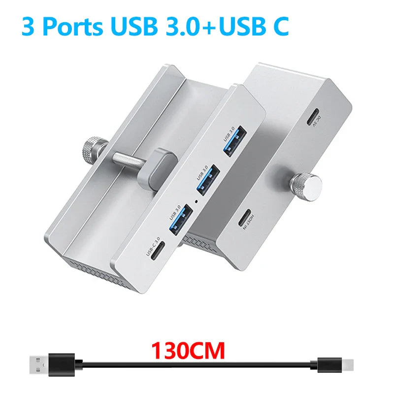 Silver aluminum alloy usb hub with three ports and adjustable stand for 10-30mm laptops and power supply included cable