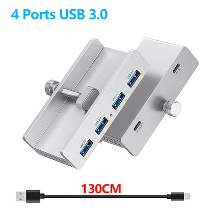 Silver aluminum alloy usb 3.0 hub with four ports and built-in stand supports power supply for 10-30mm devices