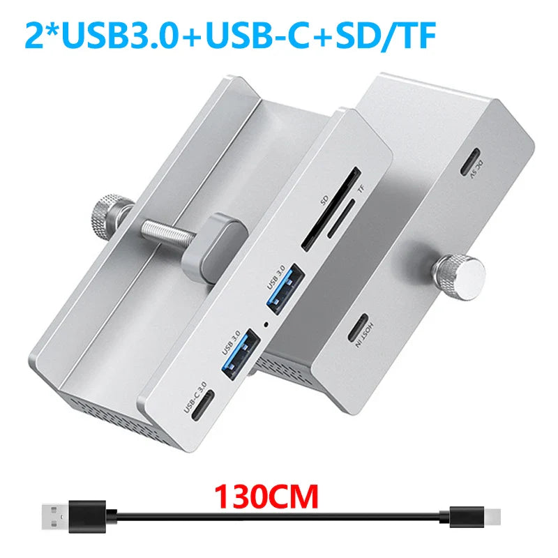 Silver aluminum alloy usb-c hub with 10gbps, two usb 3.0 ports, sd/tf slots, and adjustable 10-30mm mounting screws for power supply