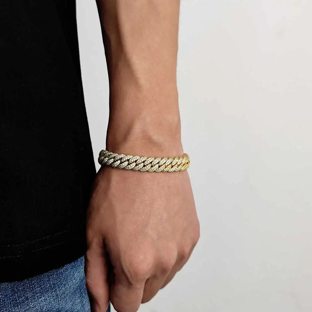 Gold-colored textured 10mm hip hop bubbles cuban link bracelet on wrist birthday personalized gift jewelry