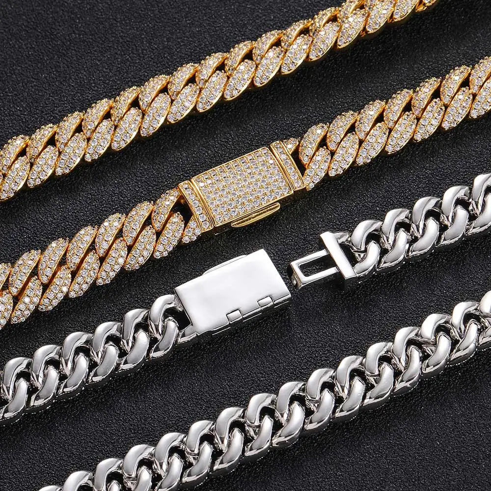 Gold and silver 10mm hip hop bubbles cuban link chain necklace with pave-set diamond clasp birthday personalized gift