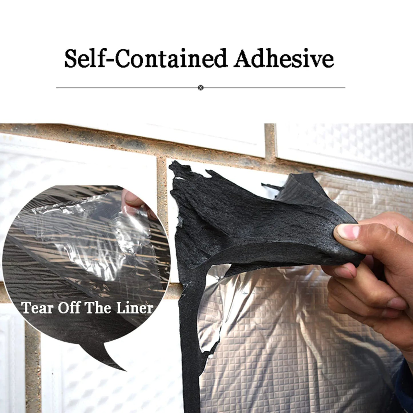 Black self-contained adhesive tape with removable liner on silver backing for sound insulation mat installation