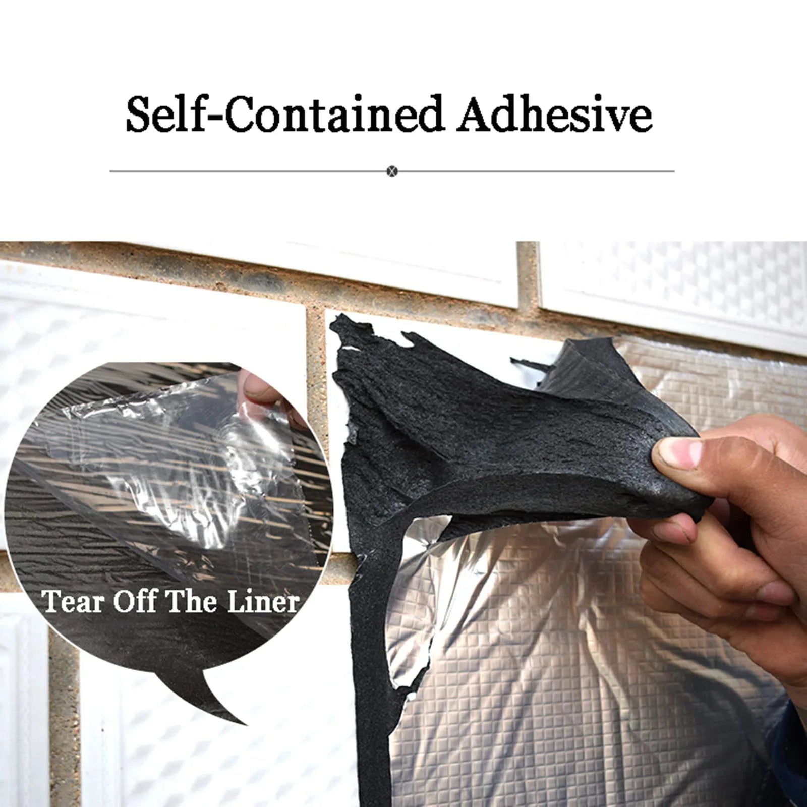 Black self-contained adhesive tape with removable liner on silver backing for sound insulation mat installation