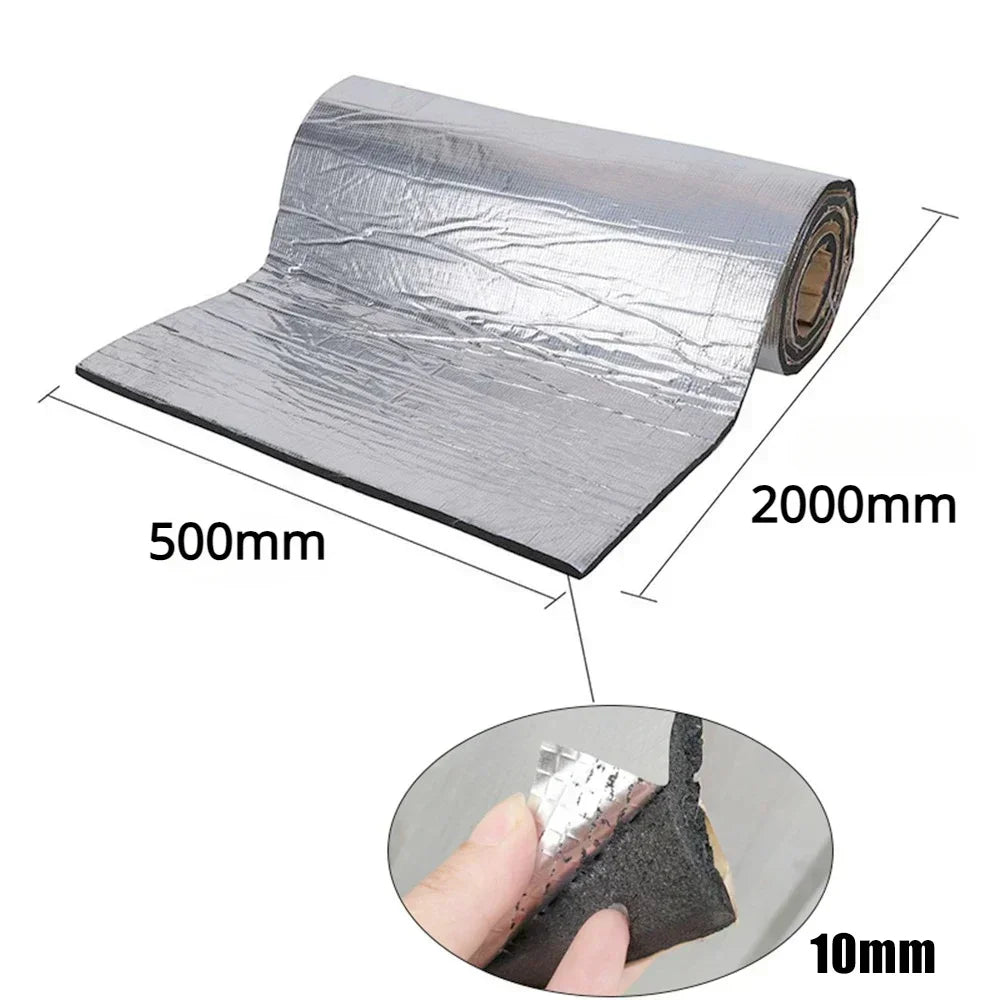 Silver mylar-backed 10mm sound insulation mat with black rubberized edge for thermal insulation and noise reduction