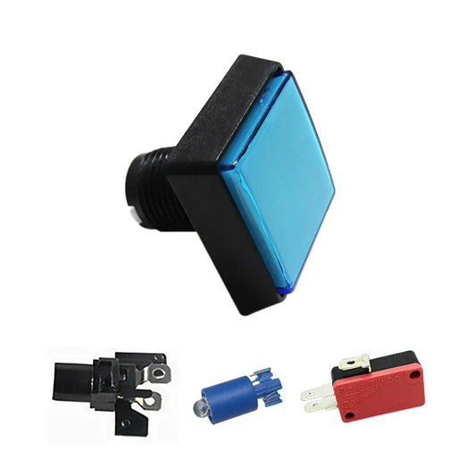 Blue translucent plastic square lighted button with black housing and threaded base for arcade music game use