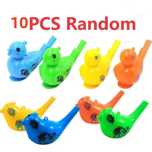 Brightly colored plastic water bird whistles in blue green yellow and orange with black floral patterns for musical puzzle play