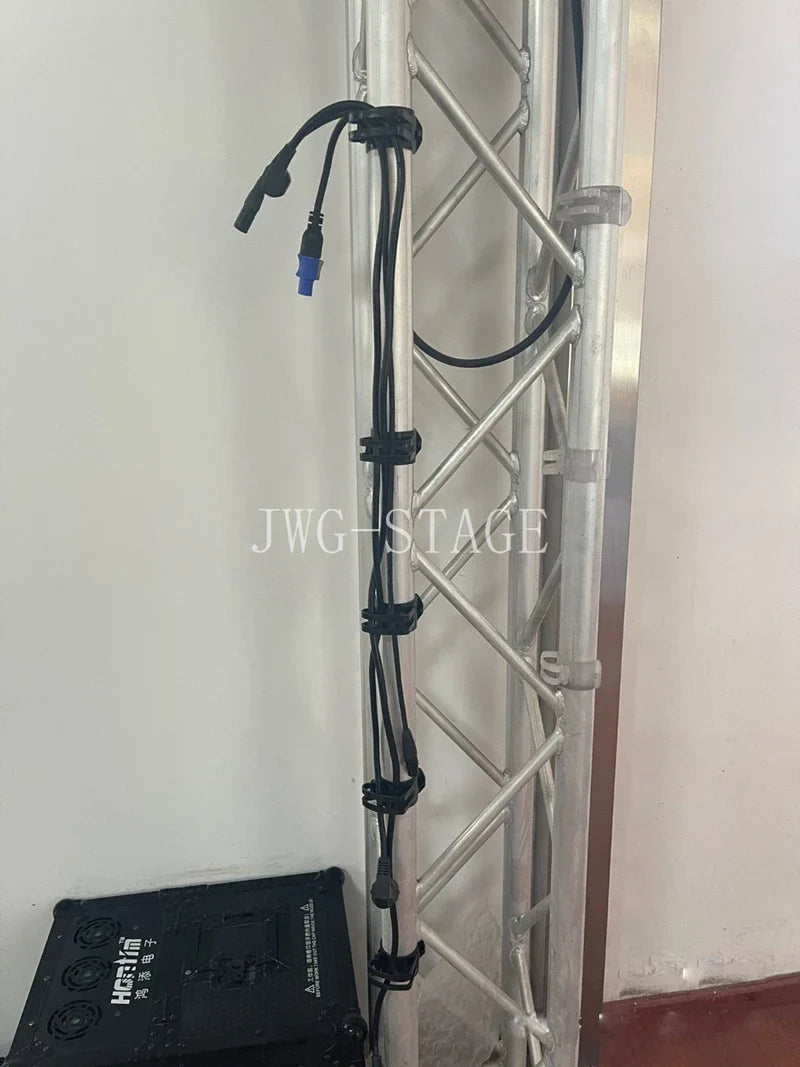Black cables with blue connectors secured by 10pcs lighting wire clips on a silver truss aluminum frame for card audio line
