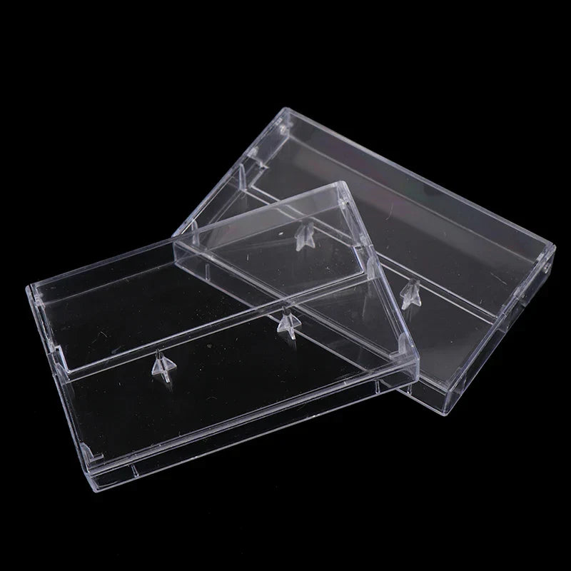 Clear plastic cassette case audio storage box with transparent dustproof lids and molded tabs for secure closure, 10pcs set