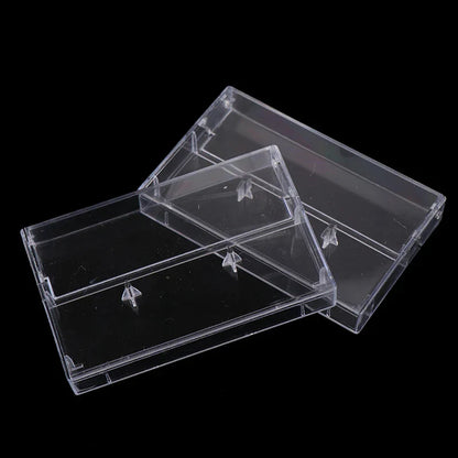 Clear plastic cassette case audio storage box with transparent dustproof lids and molded tabs for secure closure, 10pcs set