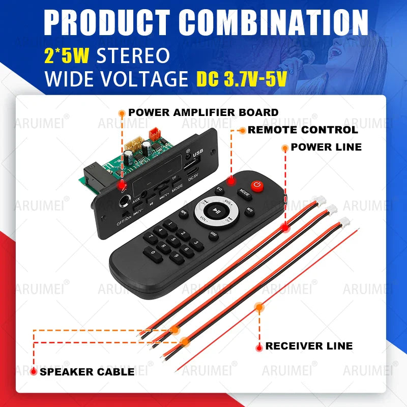 Black remote control with silver and red buttons alongside a green 10w amplifier bluetooth music player car module