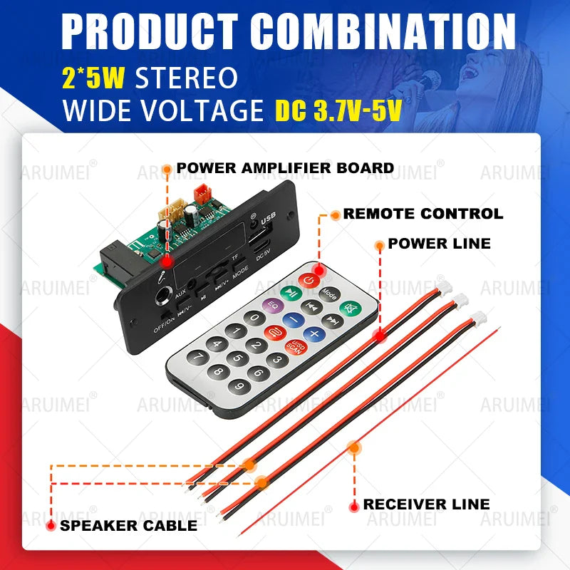 Black plastic remote control with colorful buttons and matching 10w amplifier bluetooth board for music player car